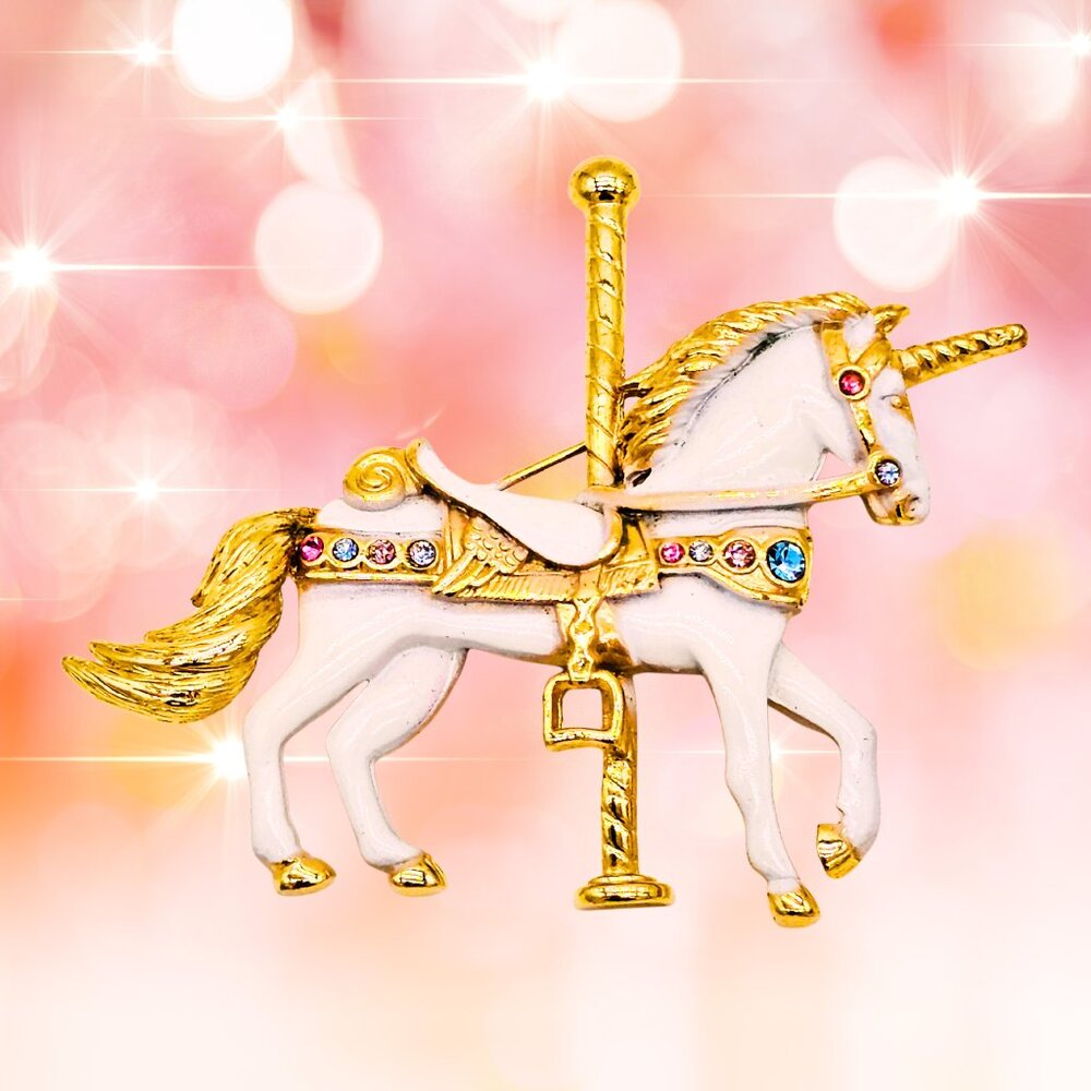 VTG Carousel Unicorn Brooch – White Enamel, Gold-Tone & Multi-Color Rhinestones - Picture 2 of 7